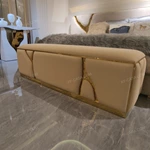 Warm Yellow Bed Bench with Hammered Gold Stainless Steel Branch Inlays